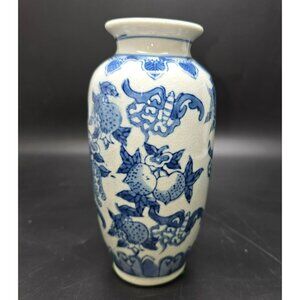 Blue White Porcelain Asian Vase With Floral Fruit Pattern Crackle Finish DH1315